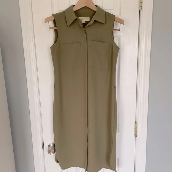 michael kors green shirt dress Kelly Green Cotton Linen Blend Mini Dress - Shirt Dresses